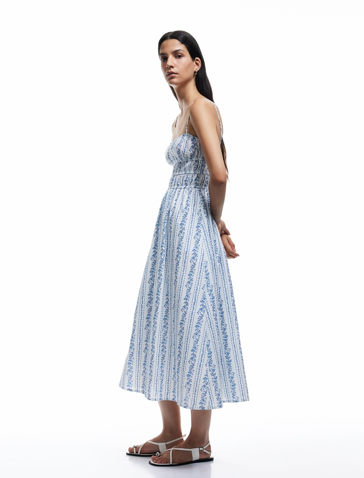  Pamuklu Askılı U Yaka Çiçekli A Kesim Uzun Elbise