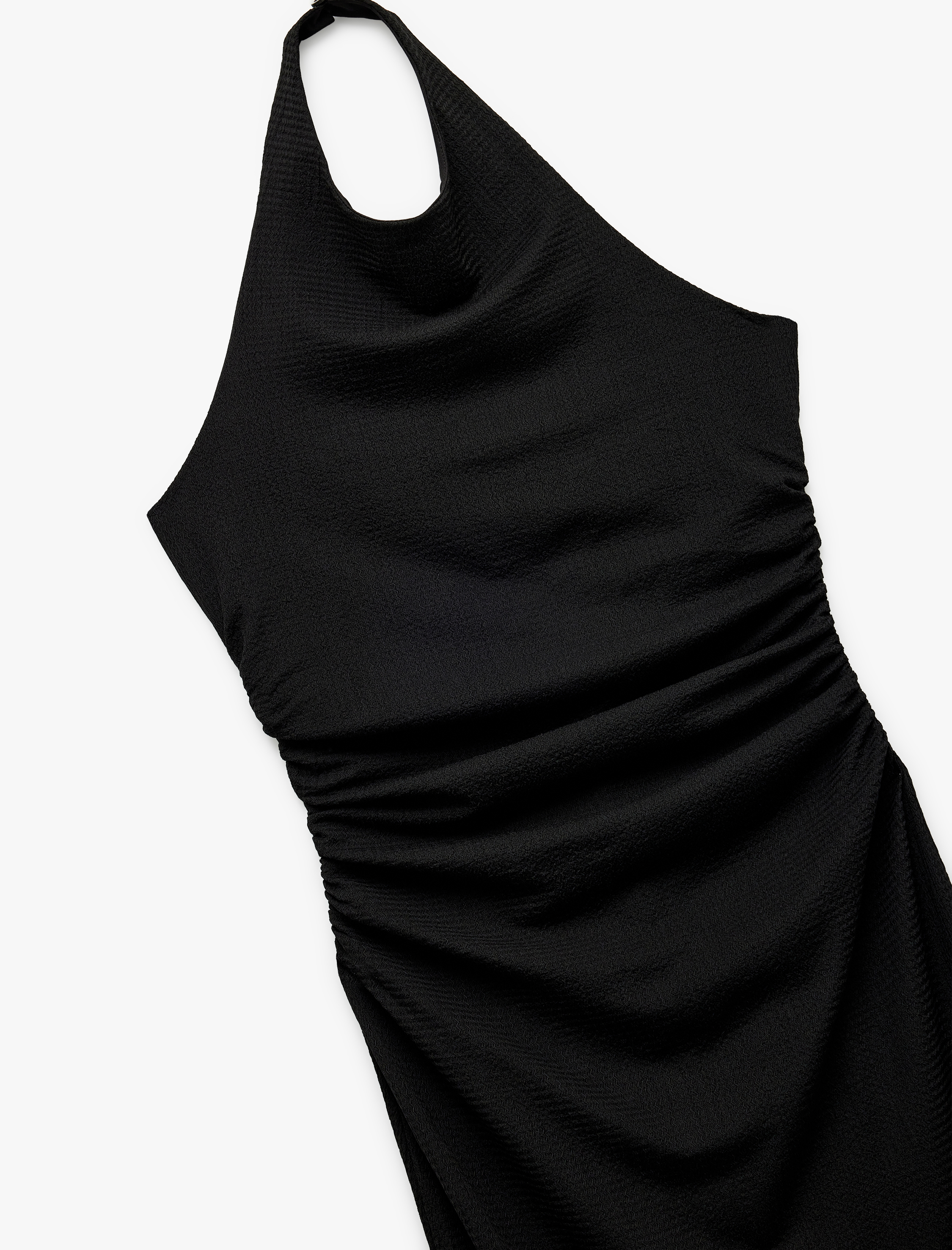   Bürümcük Kumaş Sırt Dekolteli Büzgülü Halter Yaka Midi Elbise