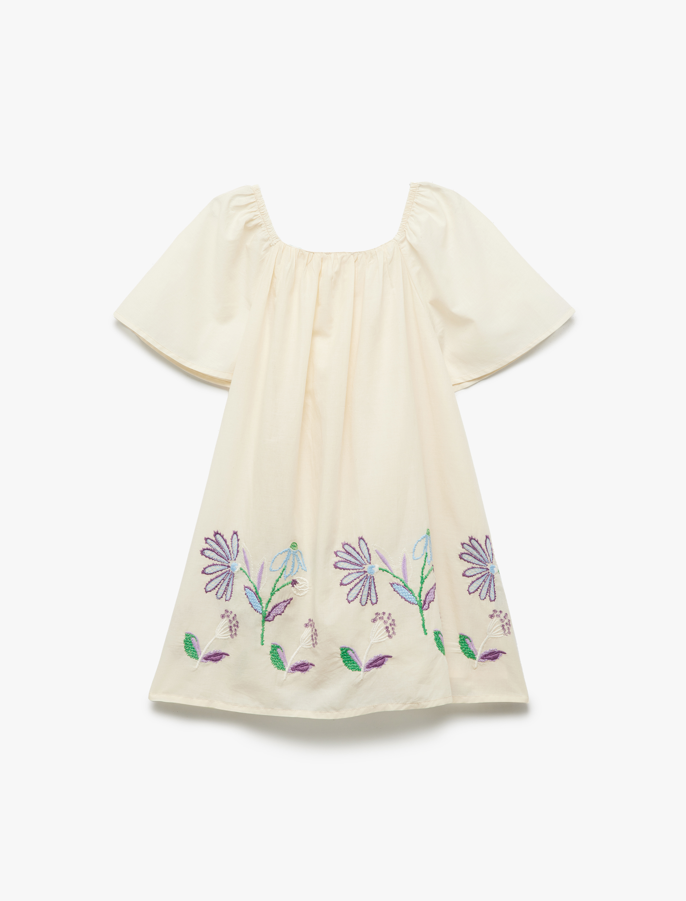  Kız Çocuk İşlemeli Çiçekli Aplike Detaylı Pamuklu Elbise