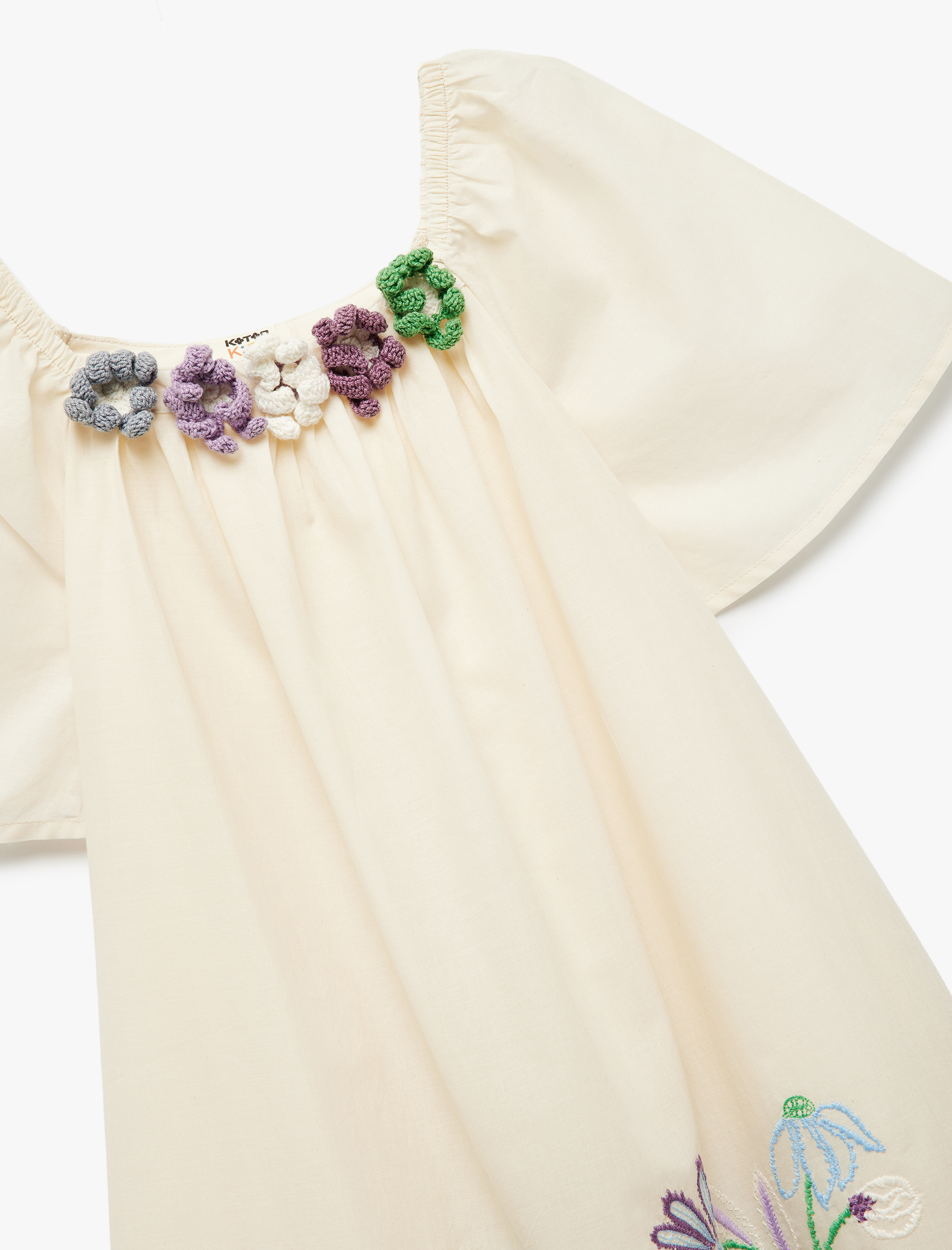  Kız Çocuk İşlemeli Çiçekli Aplike Detaylı Pamuklu Elbise