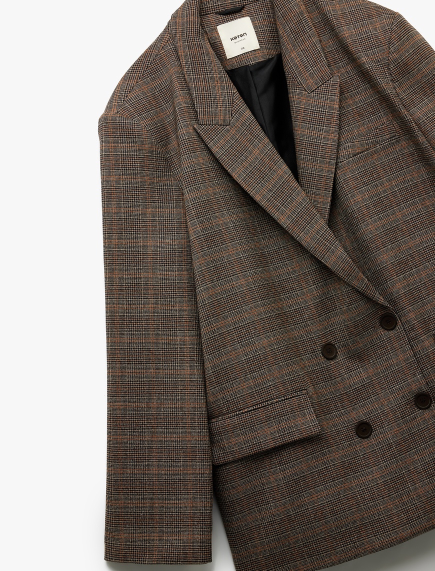   Kapaklı Cep Detaylı Düğmeli Uzun Kollu Kruvaze Ekose Blazer Ceket