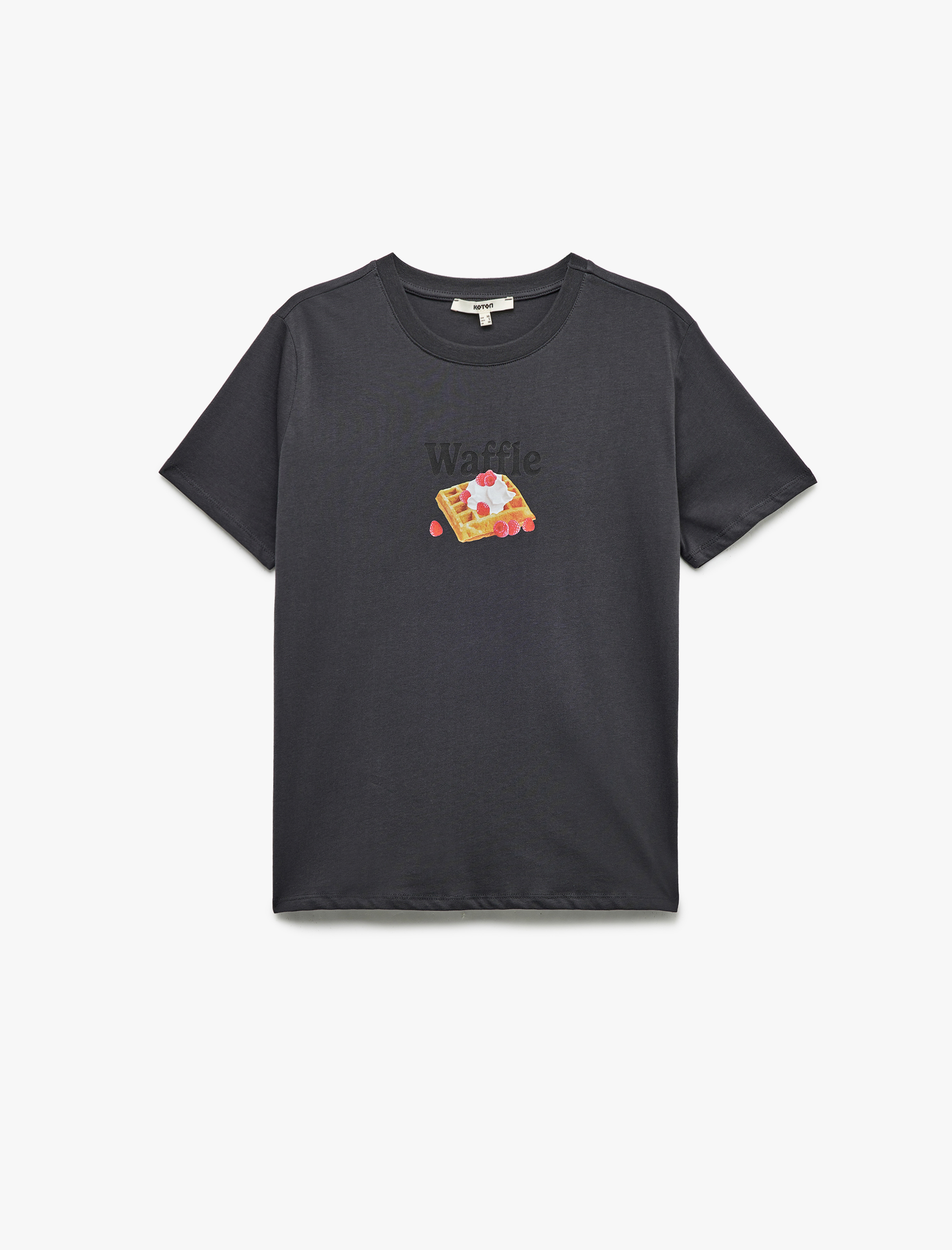   Pamuklu Kısa Kollu Bisiklet Yaka Ahududu Waffle Baskılı Tişört