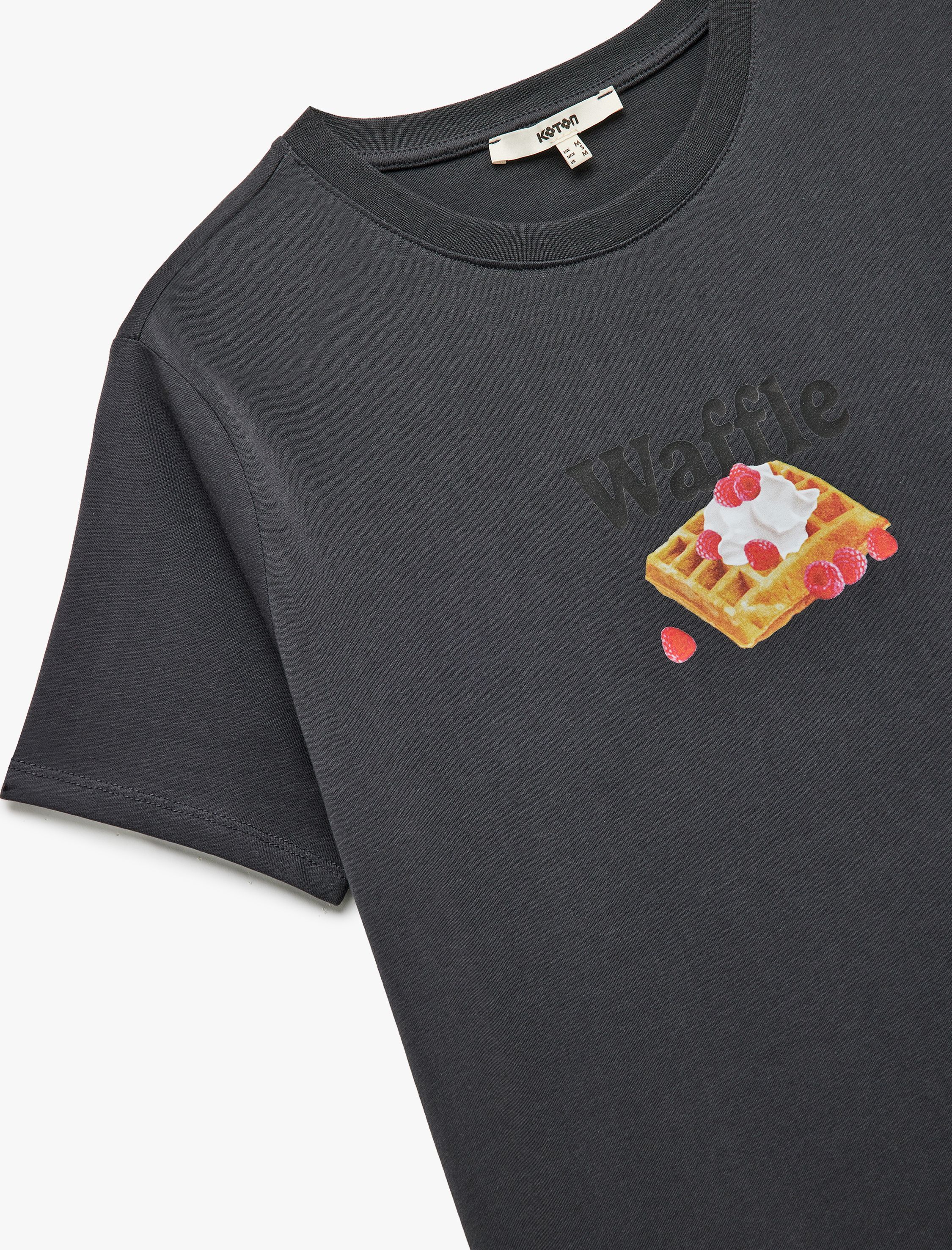   Pamuklu Kısa Kollu Bisiklet Yaka Ahududu Waffle Baskılı Tişört