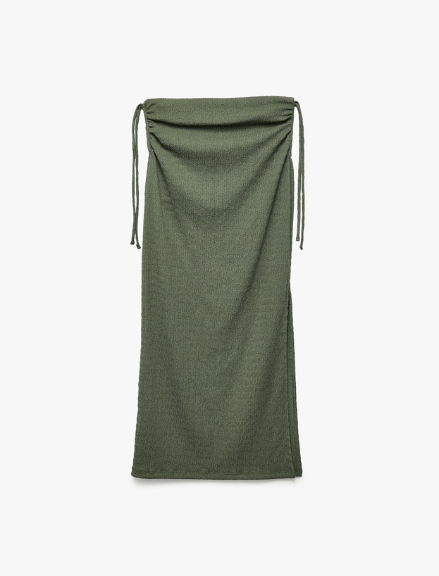Bürümcük Kumaş Slim Fit Büzgü Detaylı Yırtmaçlı Uzun Etek_2