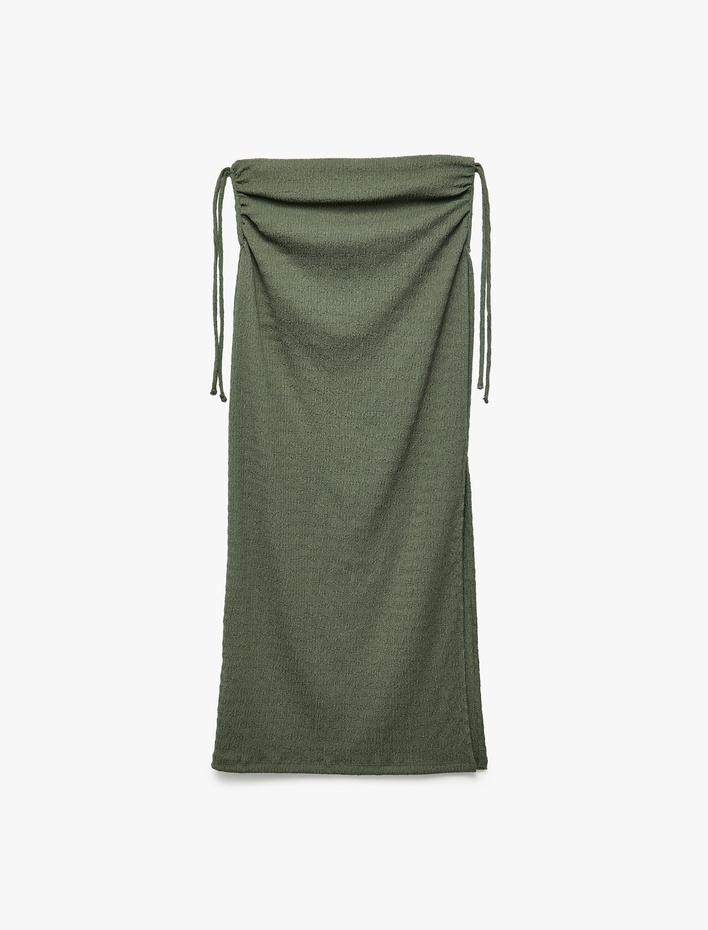  Bürümcük Kumaş Slim Fit Büzgü Detaylı Yırtmaçlı Uzun Etek