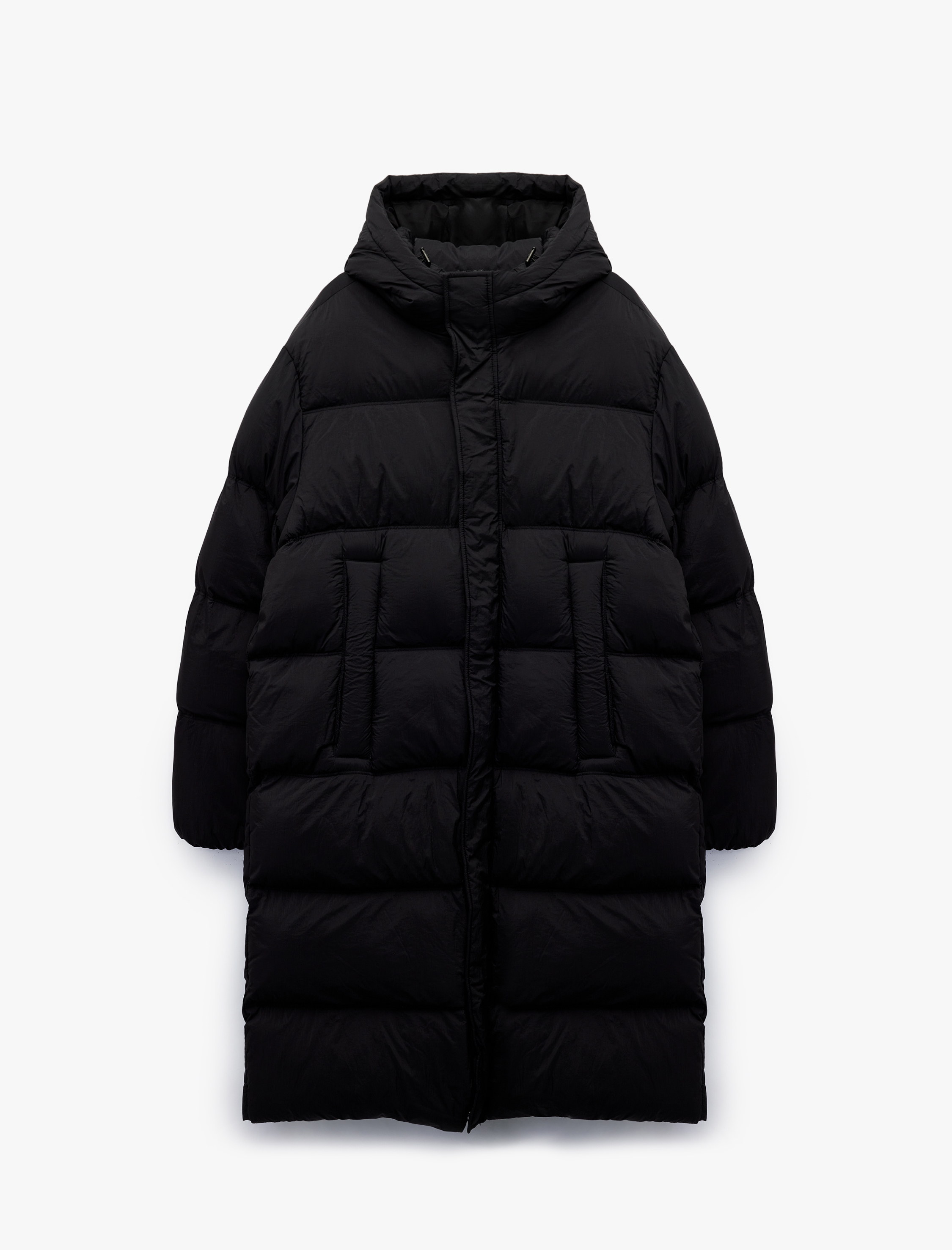   Kapüşonlu Cep Detaylı Fermuarlı Uzun Şişme Mont