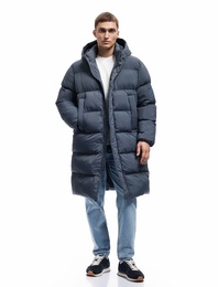 Kapüşonlu Cep Detaylı Fermuarlı Uzun Şişme Mont