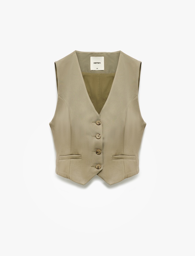 Modal Karışımlı Astarlı Slim Fit V Yaka Düğmeli Blazer Yelek_2
