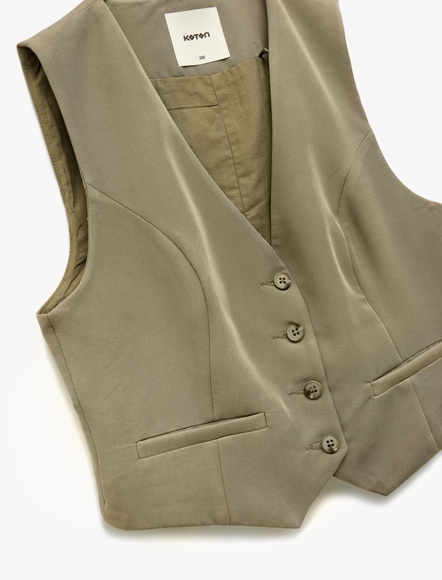   Modal Karışımlı Astarlı Slim Fit V Yaka Düğmeli Blazer Yelek