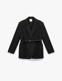 Uzun Kollu Cepli Kruvaze Kemerli Blazer Ceket