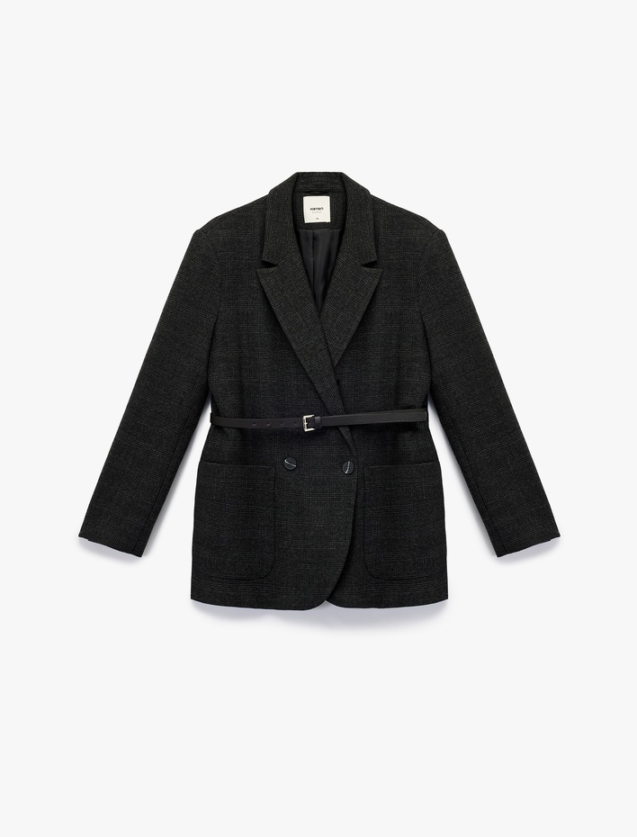 Uzun Kollu Cepli Kruvaze Kemerli Ekose Blazer Ceket