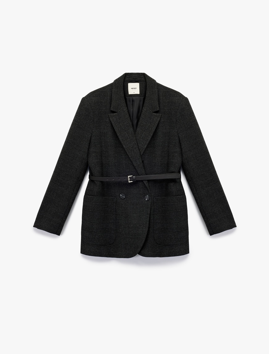   Uzun Kollu Cepli Kruvaze Kemerli Blazer Ceket