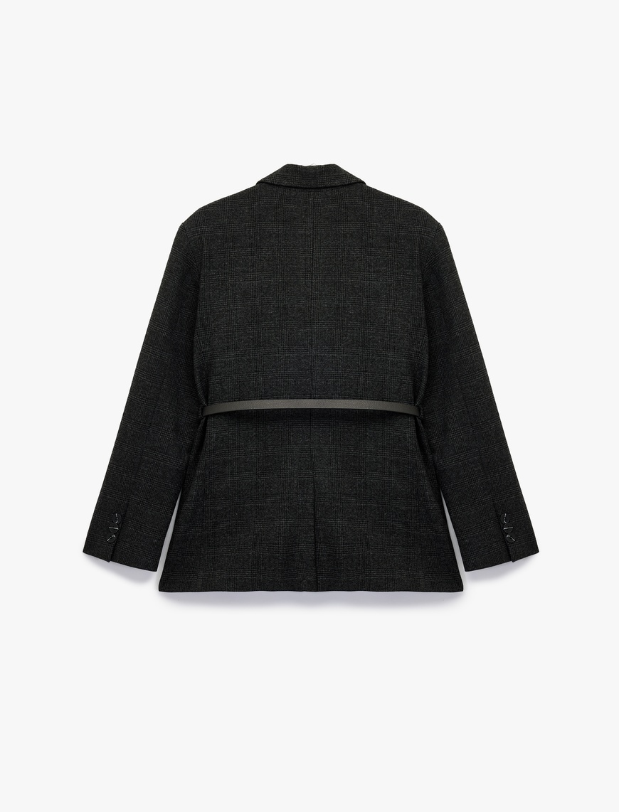   Uzun Kollu Cepli Kruvaze Kemerli Blazer Ceket