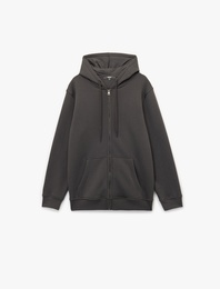 Uzun Kollu Şardonlu Fermuarlı Kanguru Cepli Sweatshirt