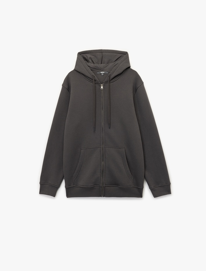  Uzun Kollu Şardonlu Fermuarlı Kanguru Cepli Sweatshirt