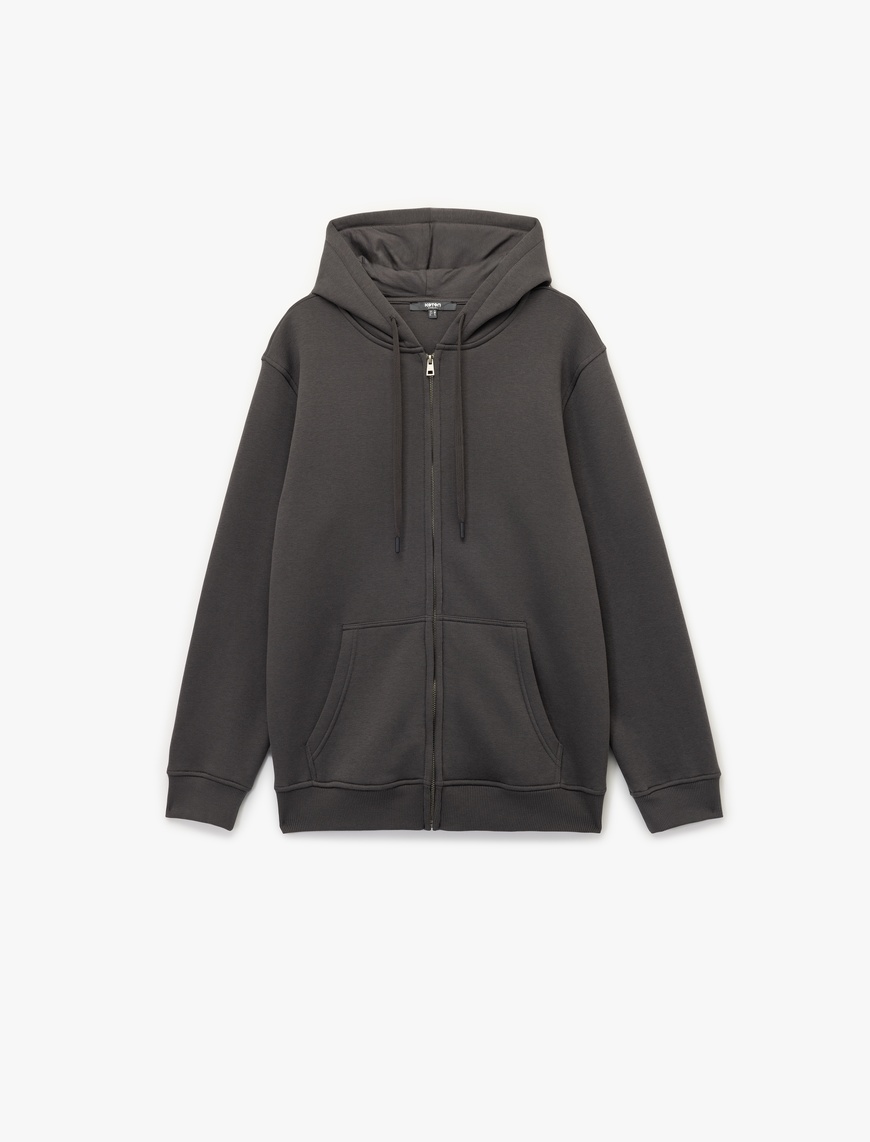   Uzun Kollu Şardonlu Fermuarlı Kanguru Cepli Sweatshirt