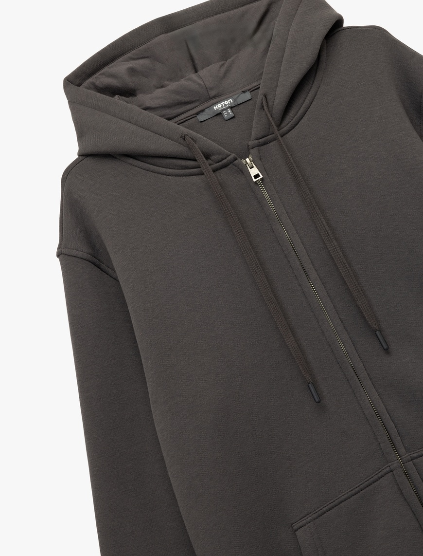   Uzun Kollu Şardonlu Fermuarlı Kanguru Cepli Sweatshirt