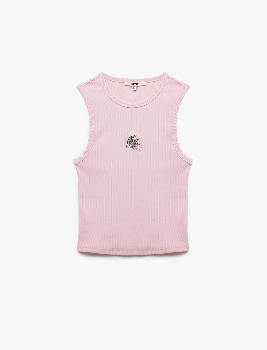   Slim Fit Pamuklu Kedi Nakış Detaylı Bisiklet Yaka Atlet