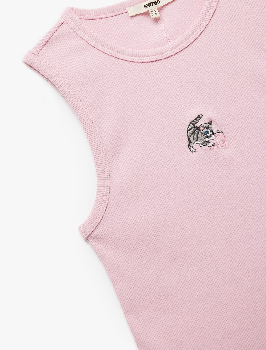   Slim Fit Pamuklu Kedi Nakış Detaylı Bisiklet Yaka Atlet