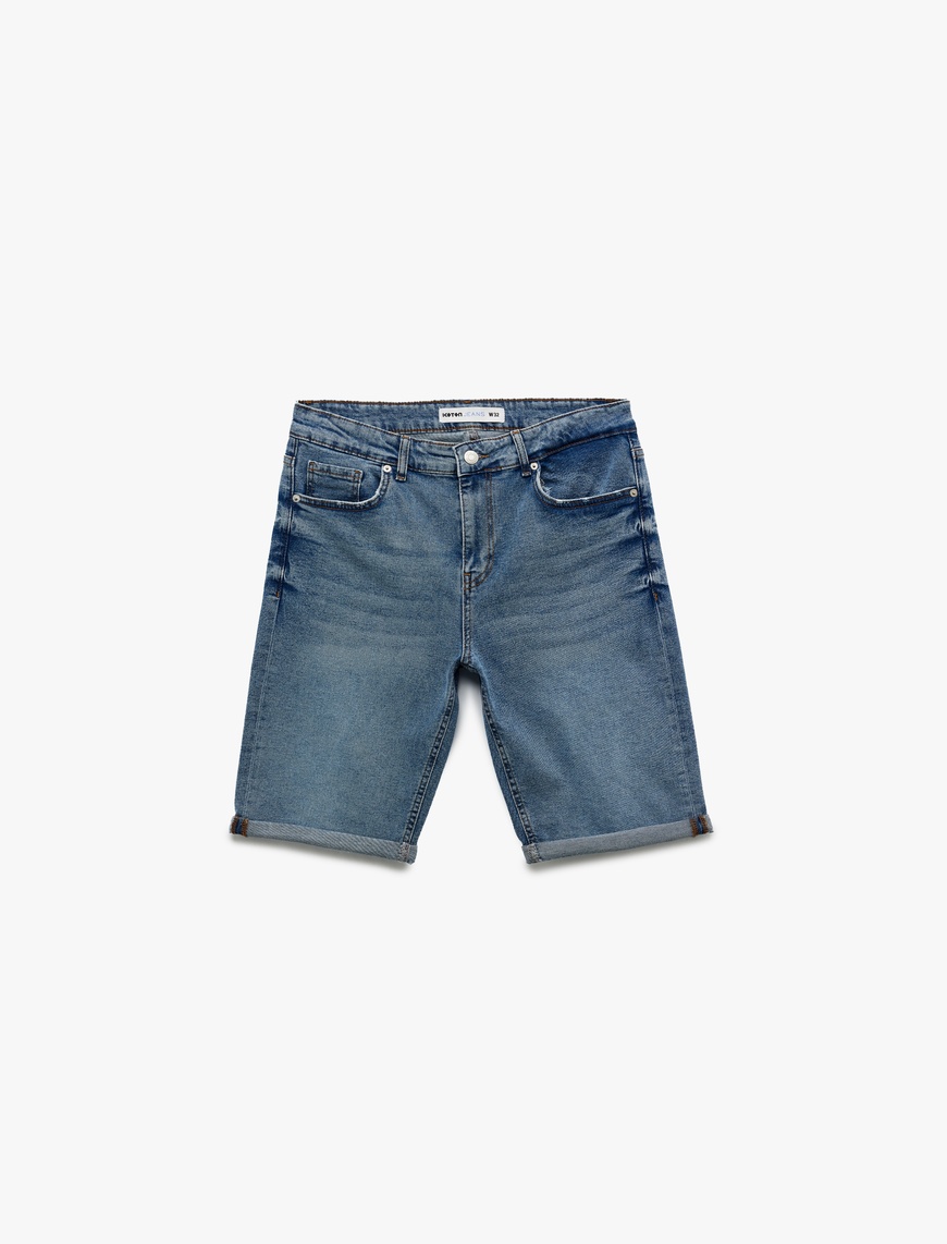   Katlamalı Paça Cep Detaylı Pamuklu Slim Fit Jean Şort