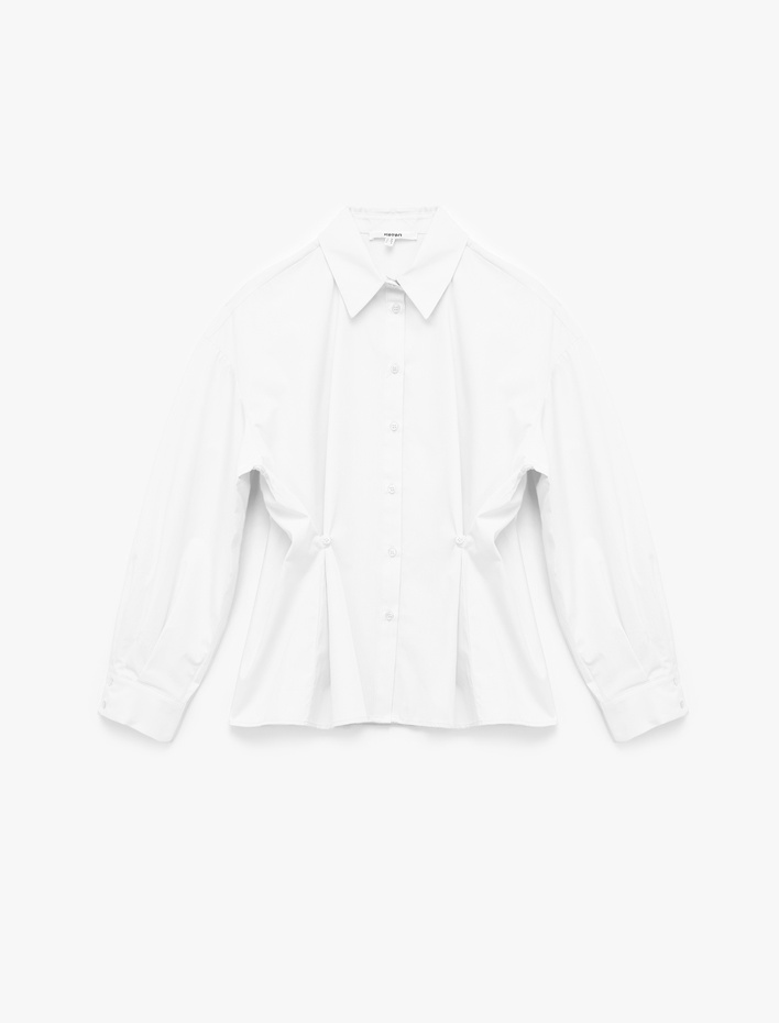  Pamuklu Uzun Kollu Pile Detaylı Düğmeli Oversize Poplin Gömlek