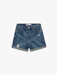 Normal Bel Cepli Pamuklu Denim Şort