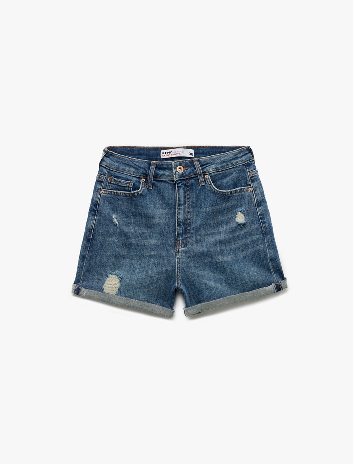  Normal Bel Cepli Pamuklu Denim Şort