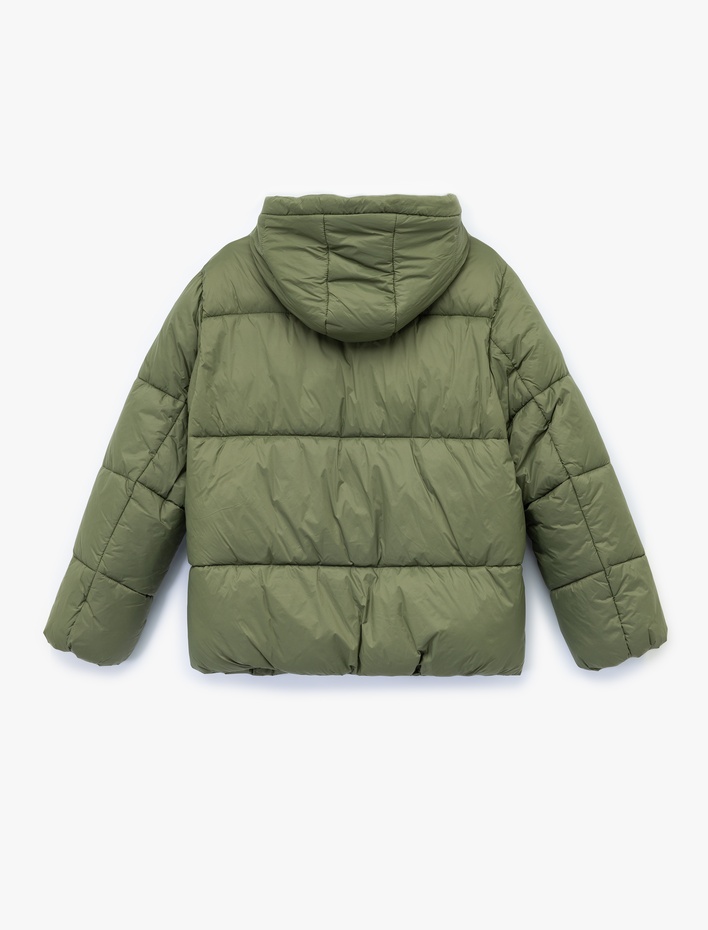  Kapüşonlu Uzun Kollu Cepli Fermuarlı Şişme Mont