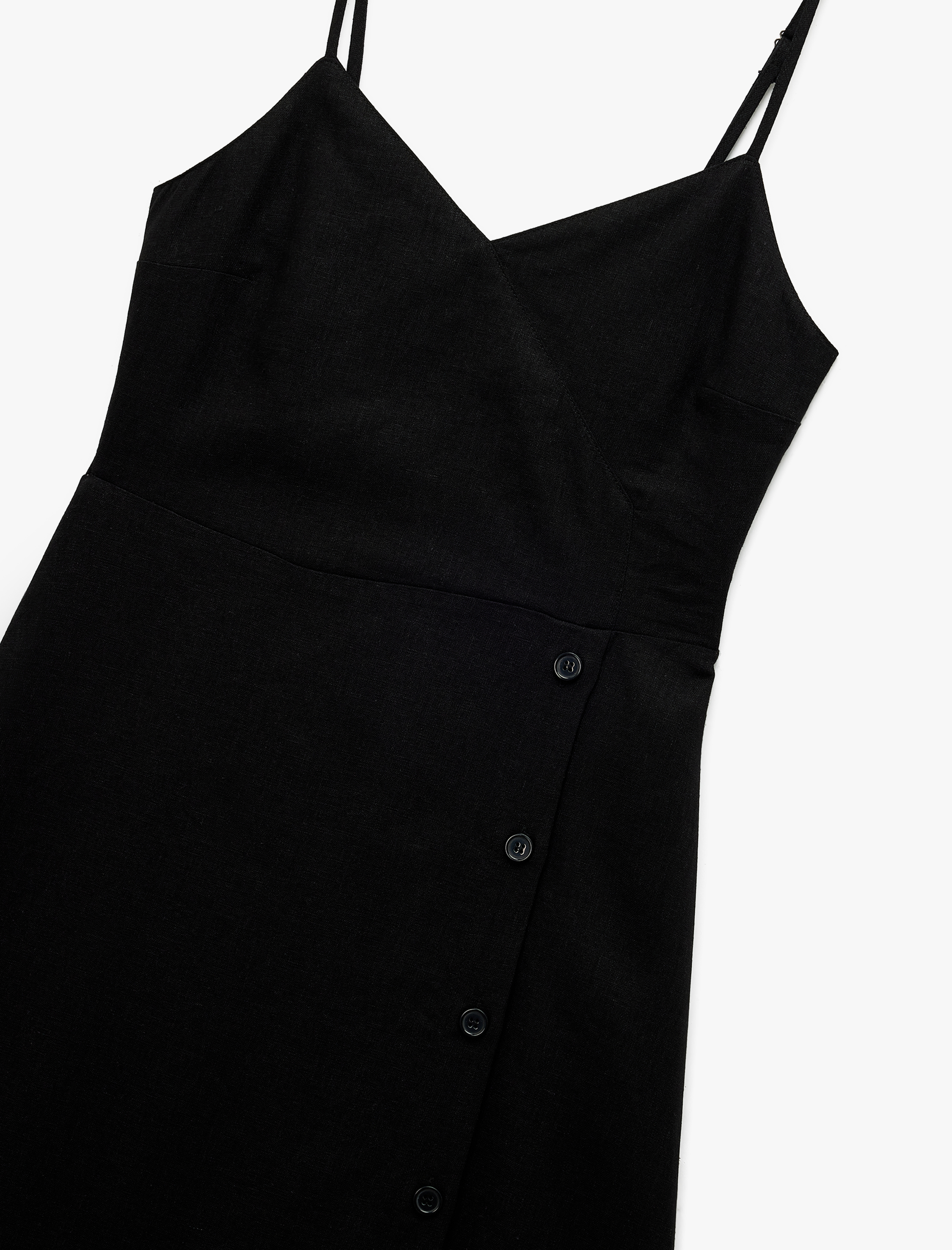   İnce Askılı Düğmeli Keten ve Viskon Karışımlı Midi Elbise