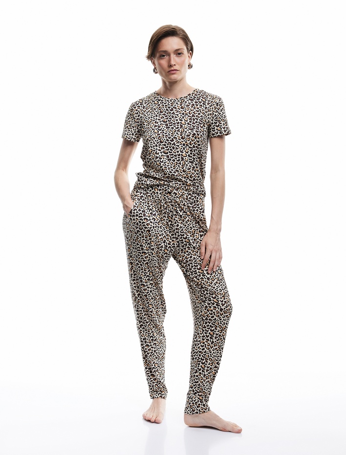  Rahat Kalıp Cepli Leopar Desenli Pijama Altı