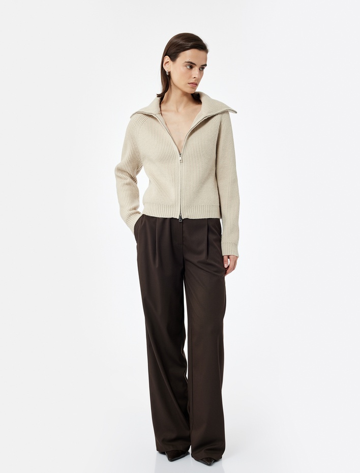  Regular Fit Dik Yaka Fermuarlı Uzun Kollu Triko Hırka