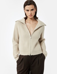 Regular Fit Dik Yaka Fermuarlı Uzun Kollu Triko Hırka