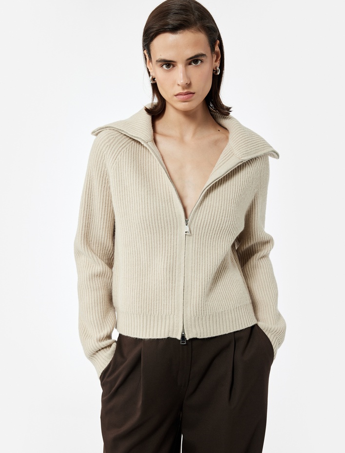  Regular Fit Dik Yaka Fermuarlı Uzun Kollu Triko Hırka