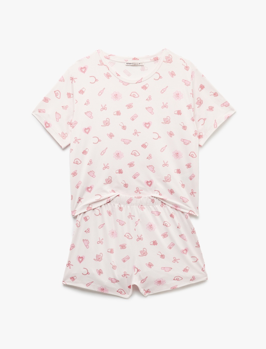   Kısa Kollu Bisiklet Yaka Baskılı Rahat Kalıp Şortlu Pijama Takımı