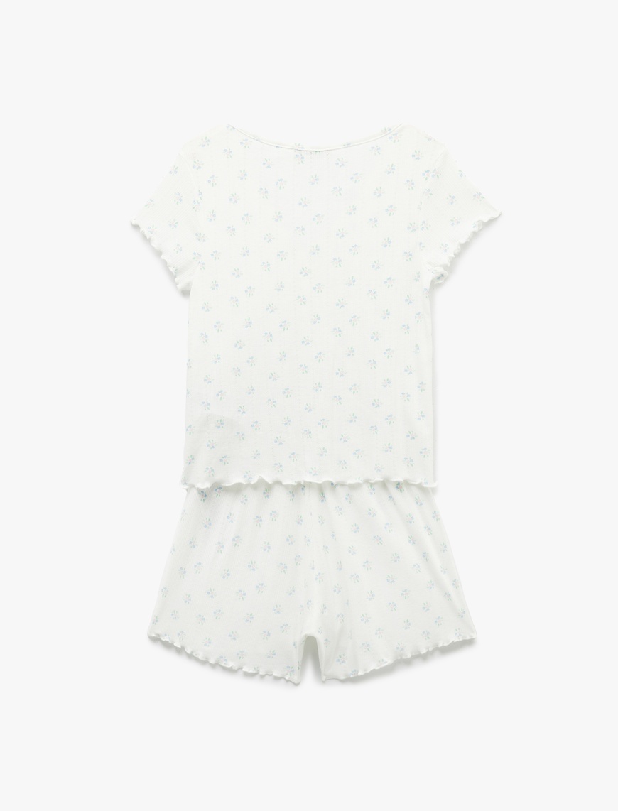   Çiçekli Kısa Kollu V Yaka Düğmeli Şortlu Pijama Takımı