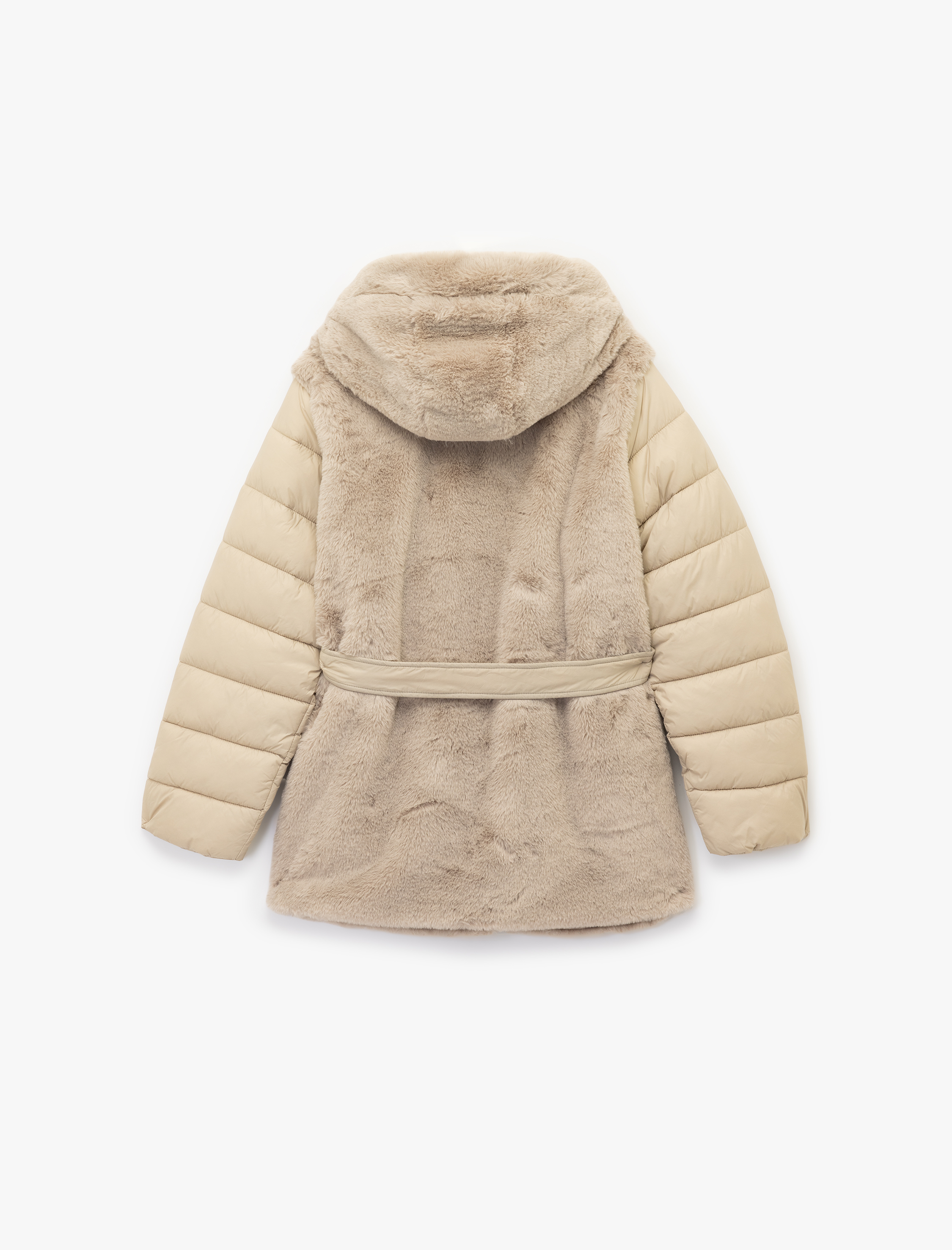   Kapüşonlu Kemer Detaylı Fermuarlı Suni Kürk Kaban