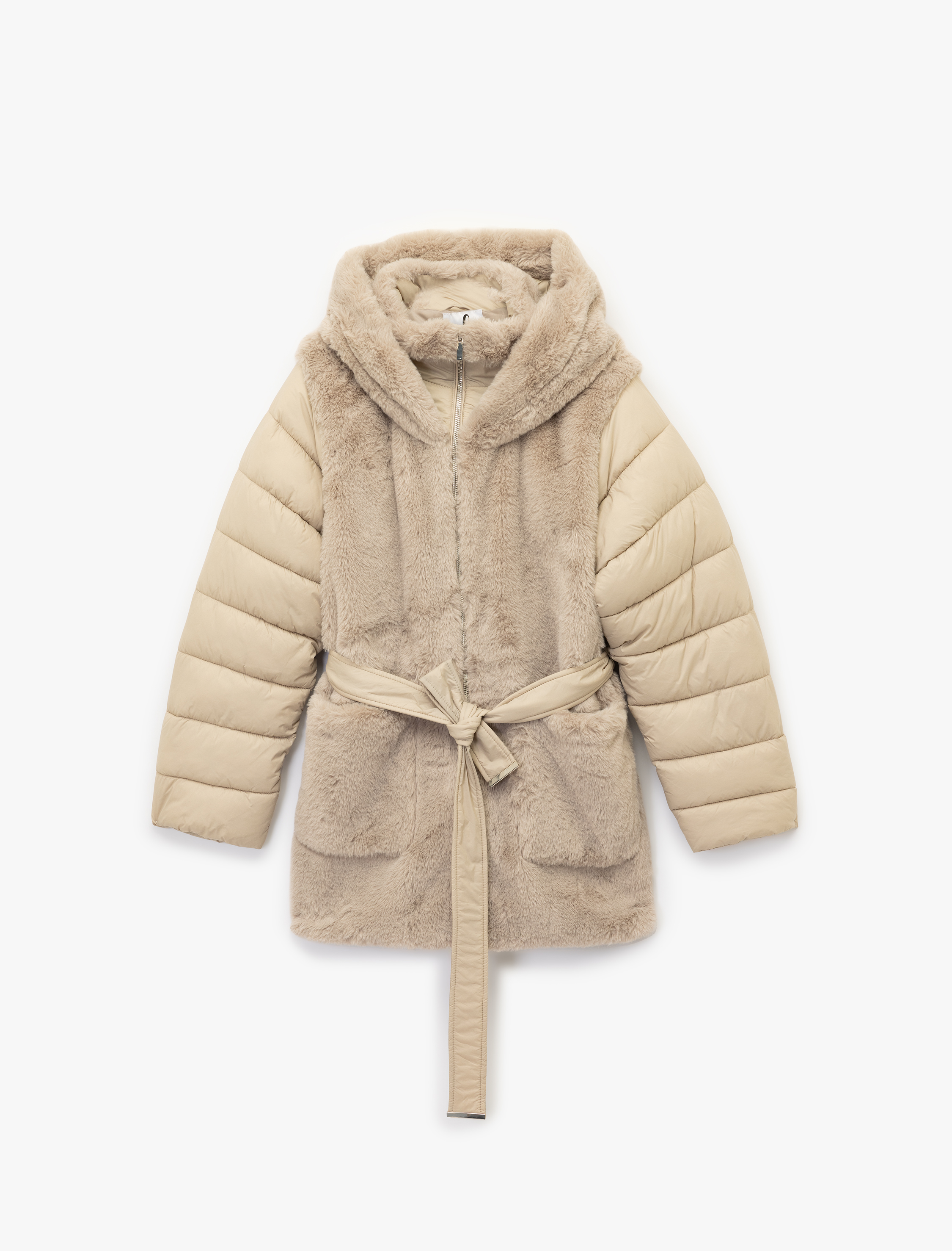   Kapüşonlu Kemer Detaylı Fermuarlı Suni Kürk Kaban