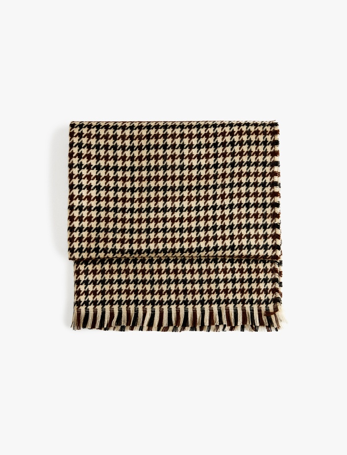 Kadın Kazayağı Desenli Püsküllü Uzun Atkı