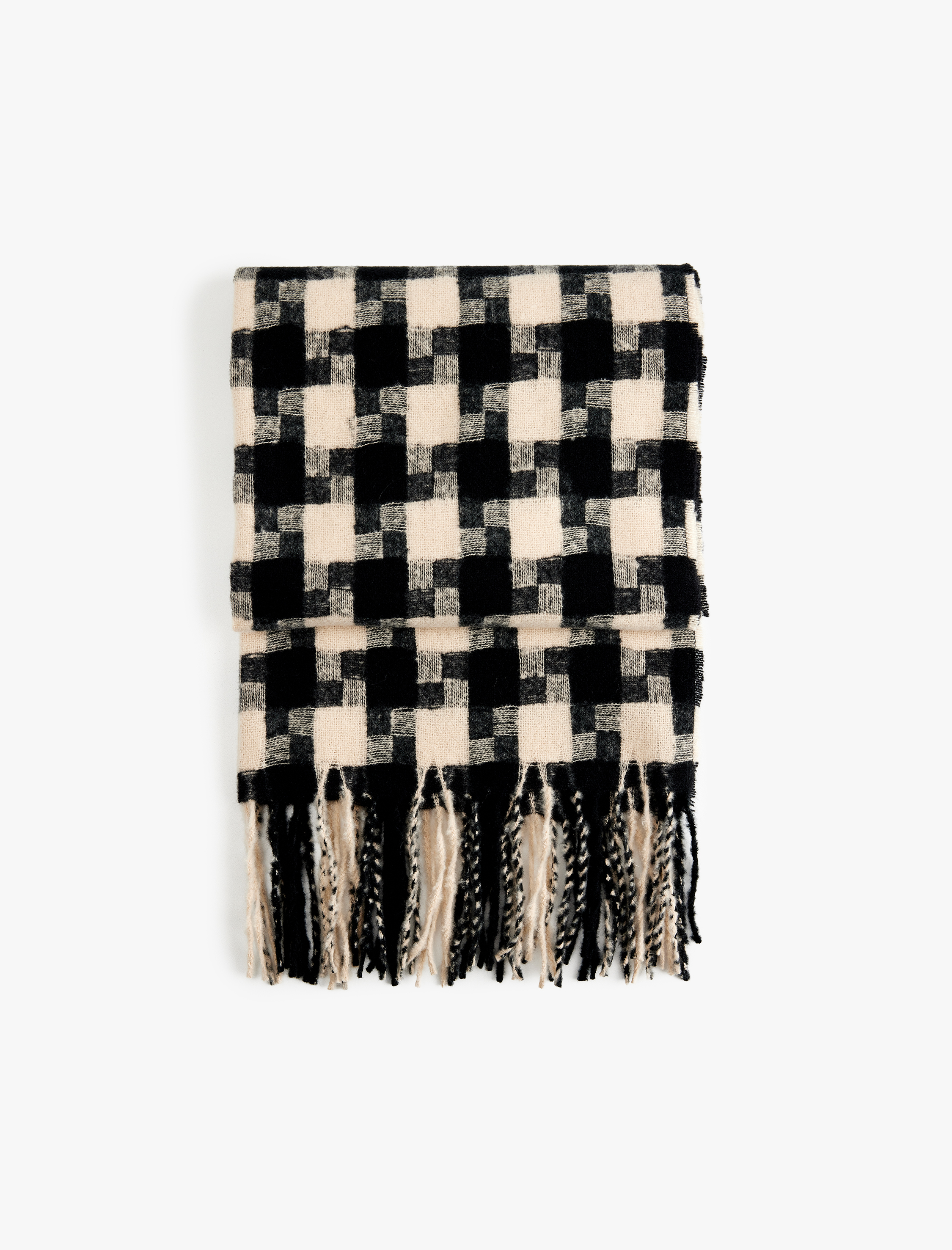  Kadın Kazayağı Desenli Püsküllü Uzun Atkı