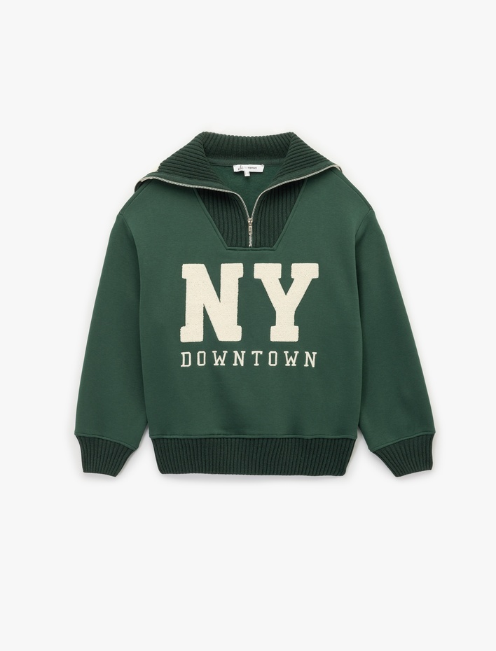  Şardonlu Uzun Kollu Yarım Fermuarlı Ayıcık Nakışlı Oversize Sweatshirt