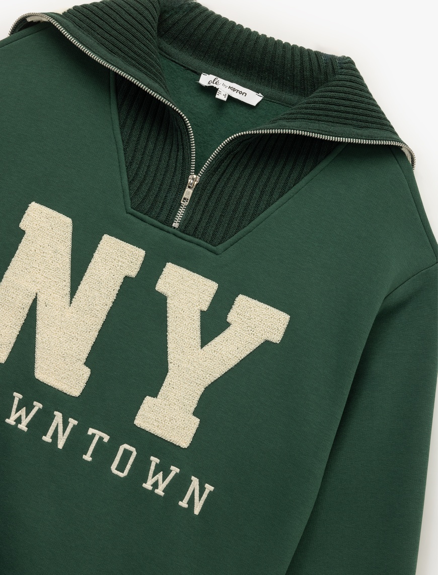   Şardonlu Uzun Kollu Yarım Fermuarlı Ayıcık Nakışlı Oversize Sweatshirt