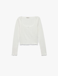 Pamuklu Slim Fit Uzun Kollu U Yaka Crop Pijama Üstü