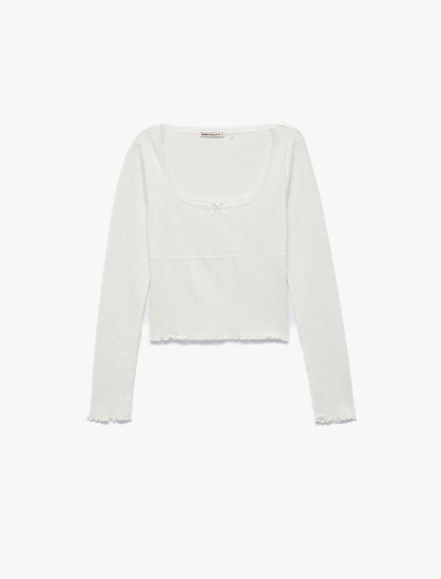   Pamuklu Slim Fit Uzun Kollu U Yaka Crop Pijama Üstü