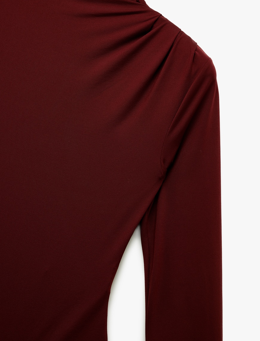   Slim Fit Hafif Dik Yaka Drape Detaylı Uzun Kollu Bodysuit