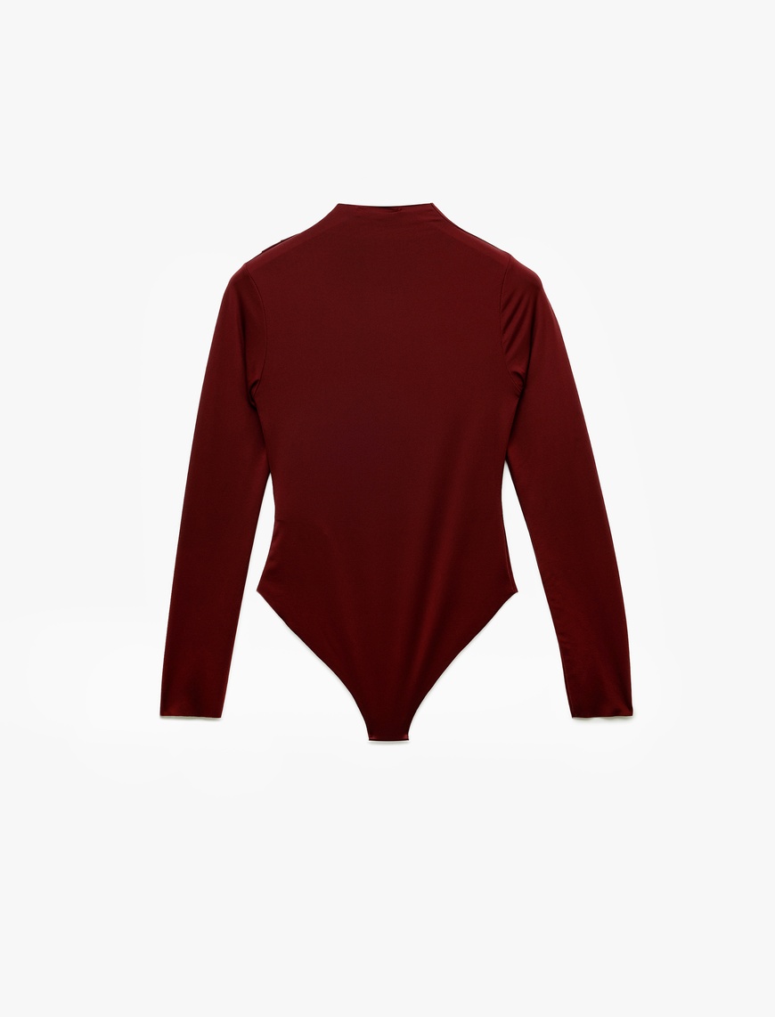   Slim Fit Hafif Dik Yaka Drape Detaylı Uzun Kollu Bodysuit