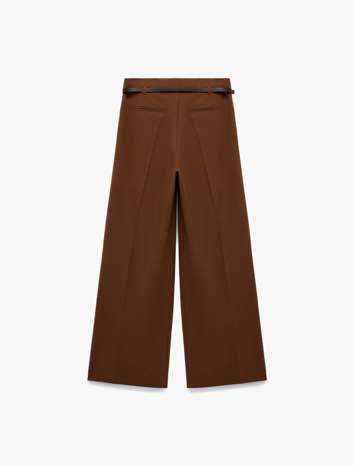  Pileli Kemerli Geniş Paça Palazzo Kumaş Pantolon