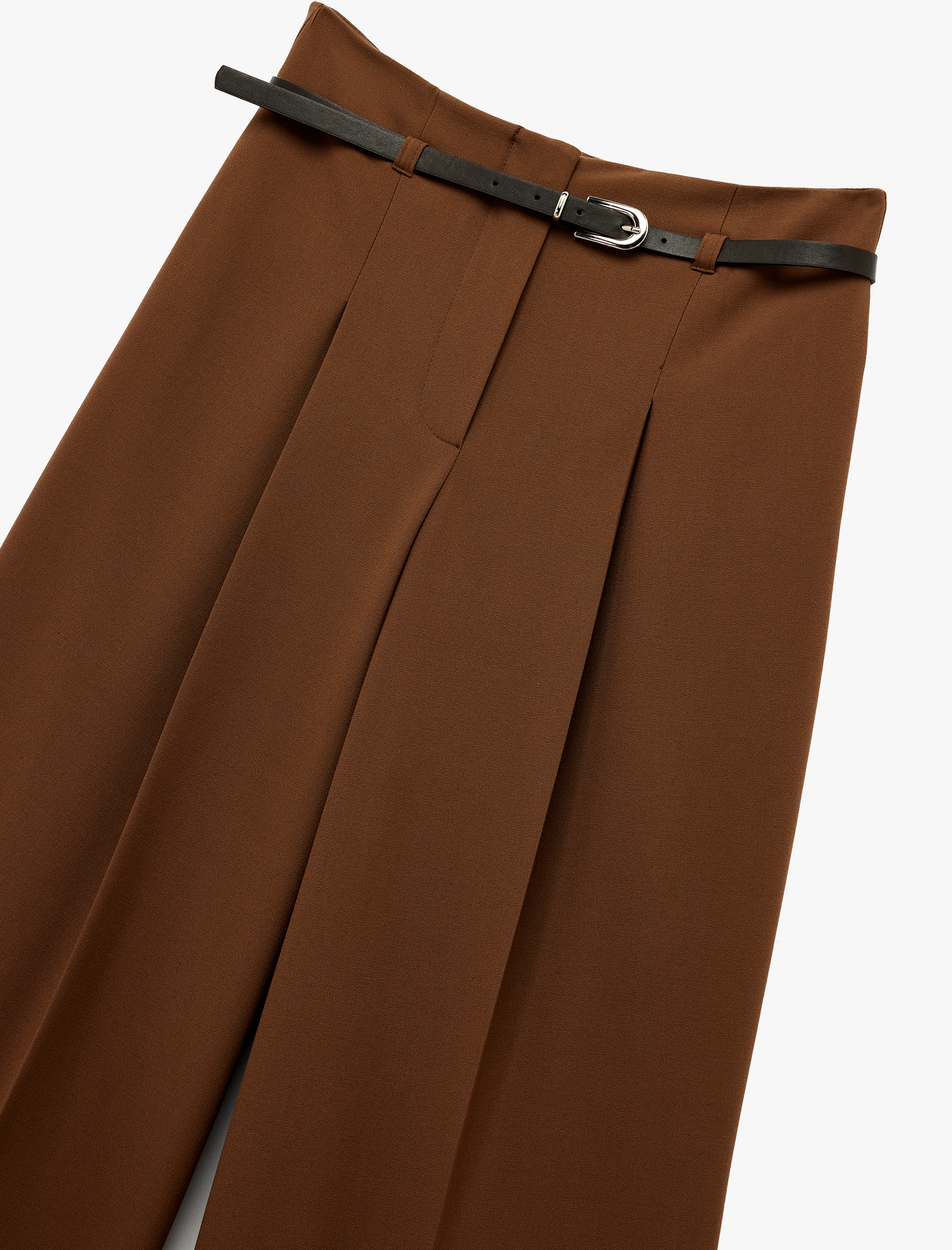   Pileli Kemerli Geniş Paça Palazzo Kumaş Pantolon