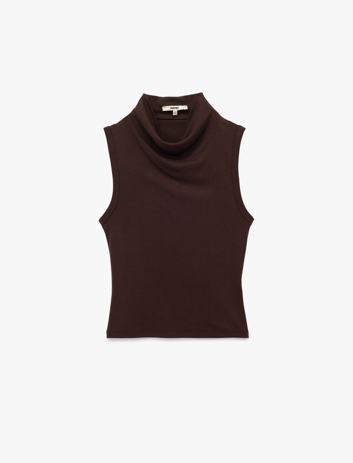  Modal Kumaş Slim Fit Drape Detaylı Dik Yaka Kolsuz Bluz