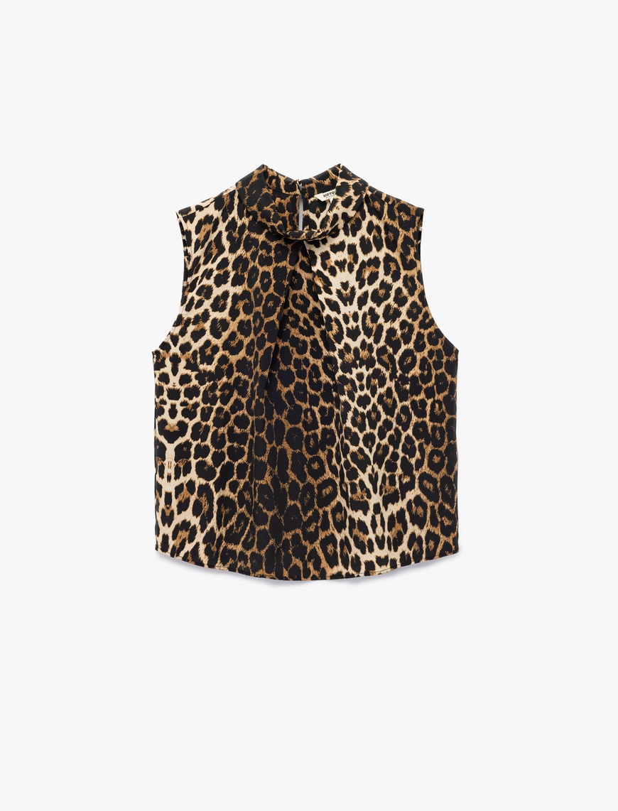   Dik Yaka Kolsuz Leopar Desenli Bluz