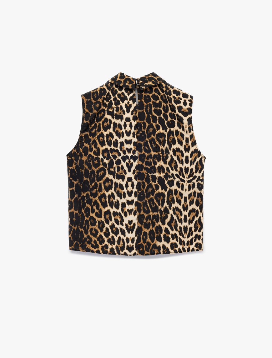   Dik Yaka Kolsuz Leopar Desenli Bluz